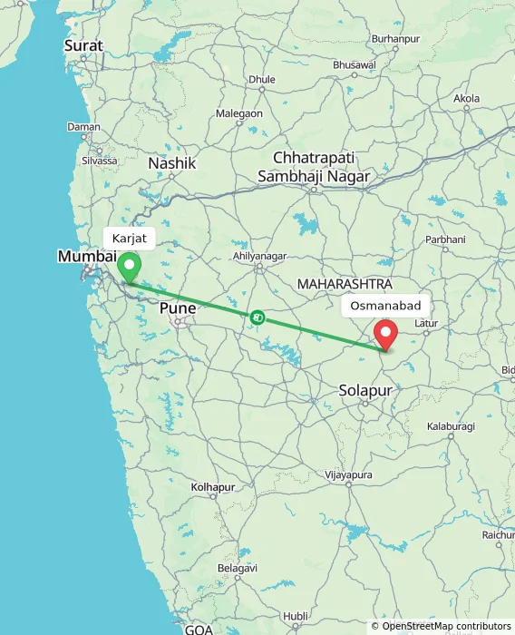 Route map showing distance and travel time from Karjat, India to Osmanabad, India