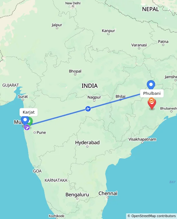 Route map showing distance and travel time from Karjat, India to Phulbani, India