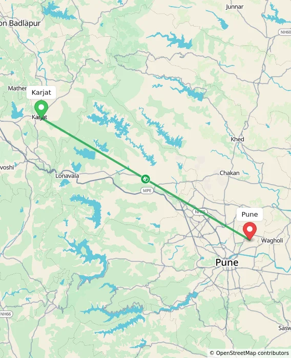 Route map showing distance and travel time from Karjat, India to Pune, India