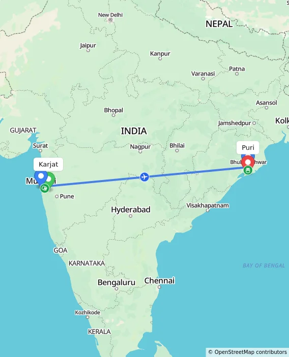 Route map showing distance and travel time from Karjat, India to Puri, India