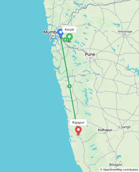 Route map showing distance and travel time from Karjat, India to Rajapur, India