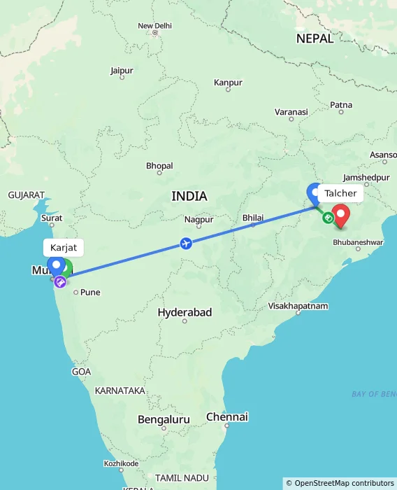 Route map showing distance and travel time from Karjat, India to Talcher, India