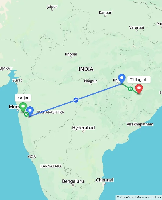 Route map showing distance and travel time from Karjat, India to Titilagarh, India