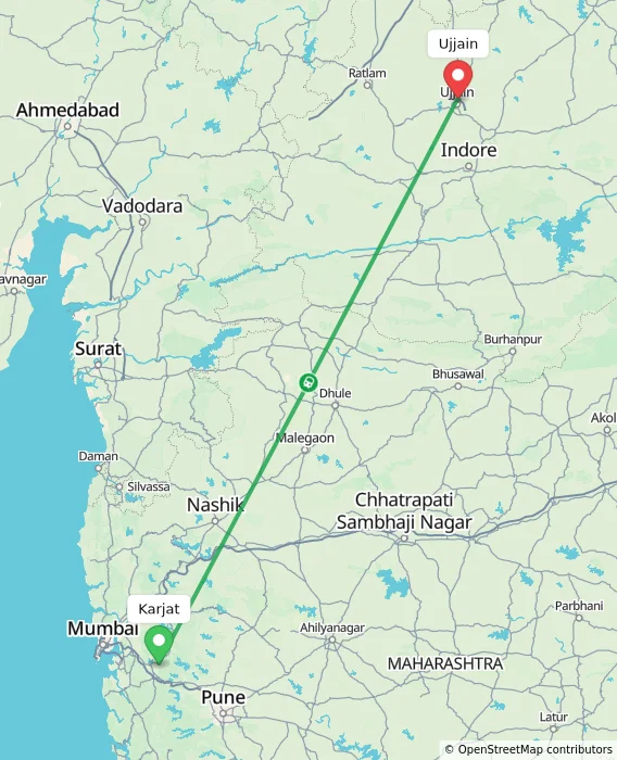 Route map showing distance and travel time from Karjat, India to Ujjain, India