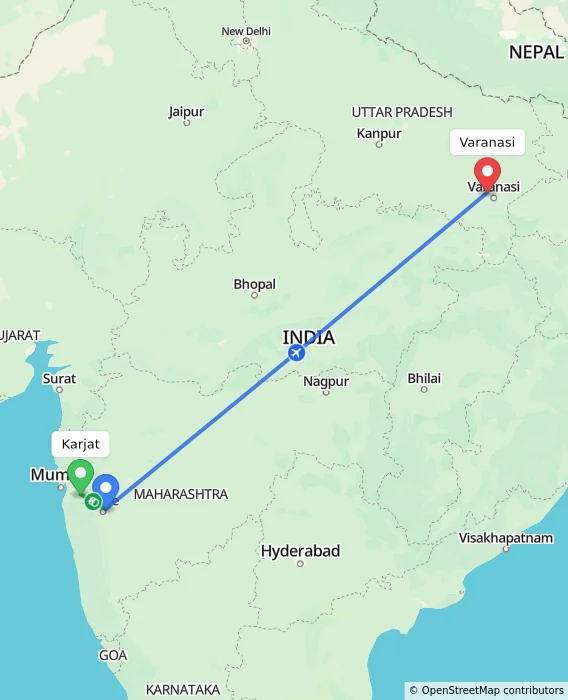 Route map showing distance and travel time from Karjat, India to Varanasi, India