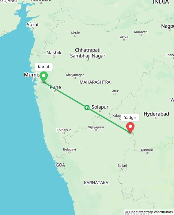 Route map showing distance and travel time from Karjat, India to Yadgir, India