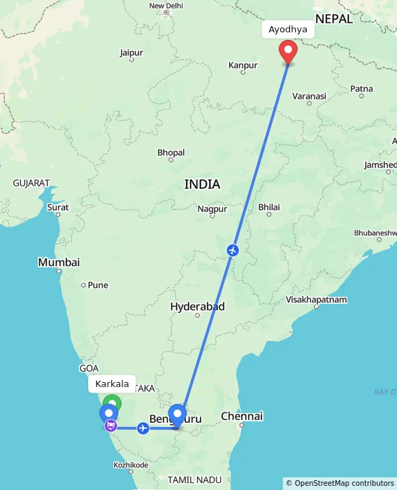 Route map showing distance and travel time from Karkala, India to Ayodhya, India