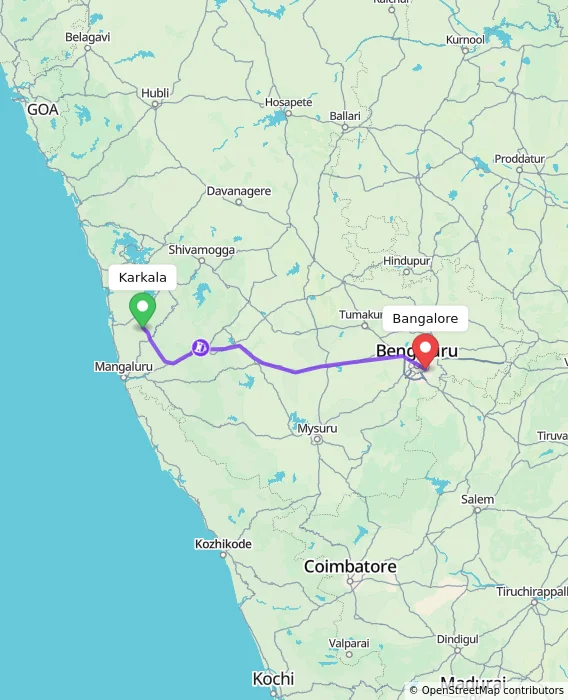 Route map showing distance and travel time from Karkala, India to Bangalore, India