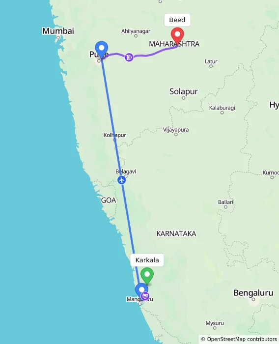 Route map showing distance and travel time from Karkala, India to Beed, India