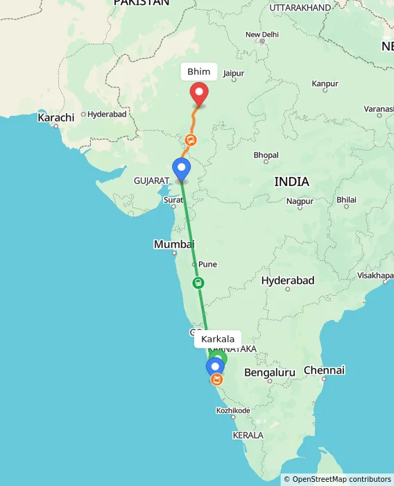 Route map showing distance and travel time from Karkala, India to Bhim, India