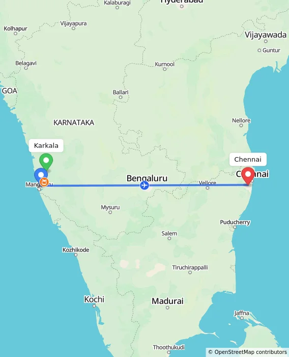 Route map showing distance and travel time from Karkala, India to Chennai, India