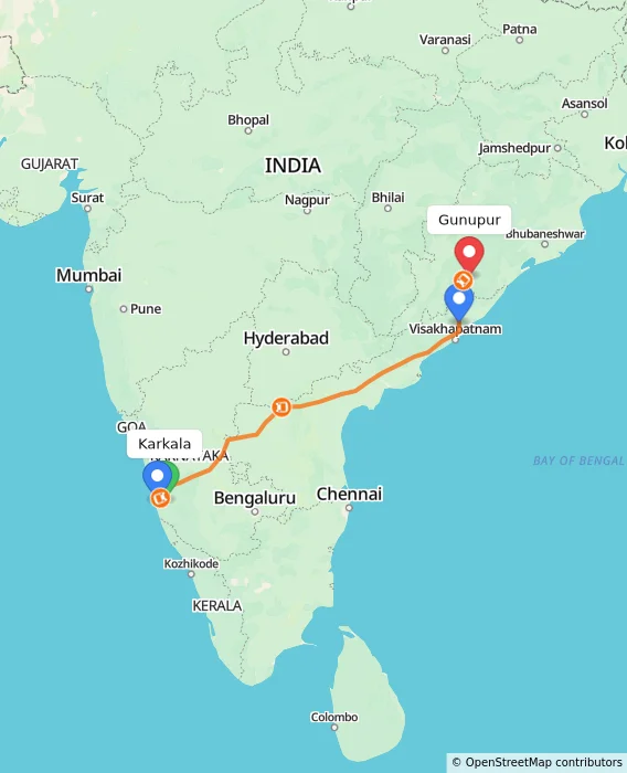Route map showing distance and travel time from Karkala, India to Gunupur, India
