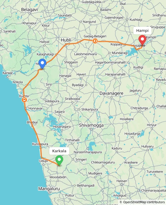 Route map showing distance and travel time from Karkala, India to Hampi, India