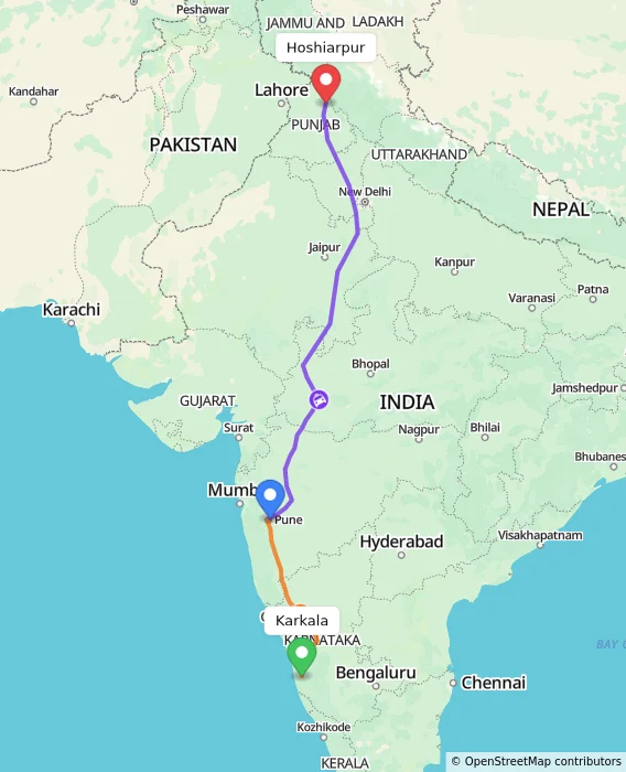 Route map showing distance and travel time from Karkala, India to Hoshiarpur, India