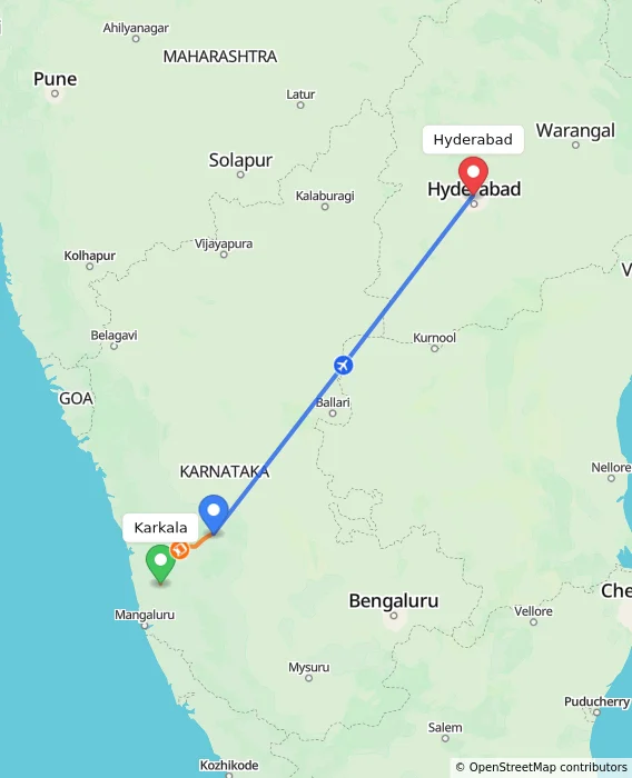 Route map showing distance and travel time from Karkala, India to Hyderabad, India