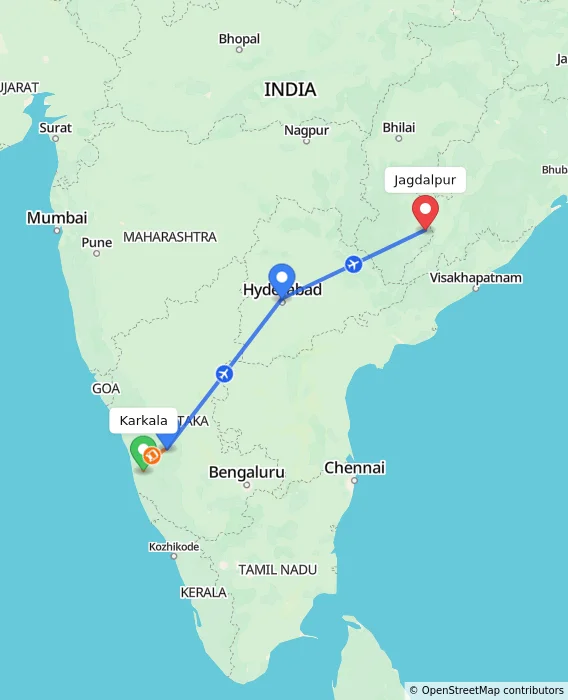 Route map showing distance and travel time from Karkala, India to Jagdalpur, India