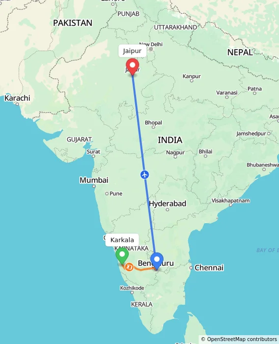 Route map showing distance and travel time from Karkala, India to Jaipur, India