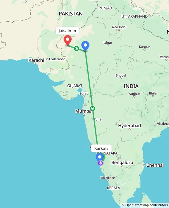 Route map showing distance and travel time from Karkala, India to Jaisalmer, India
