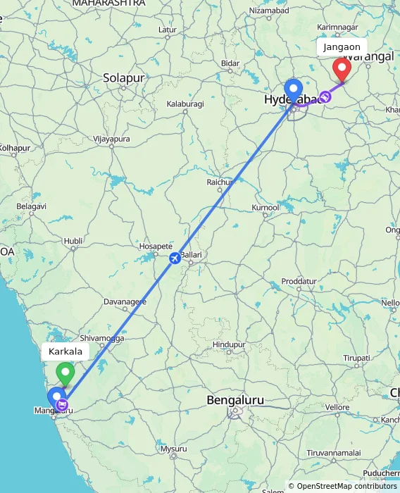 Route map showing distance and travel time from Karkala, India to Jangaon, India