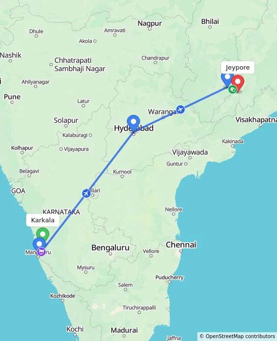 Route map showing distance and travel time from Karkala, India to Jeypore, India
