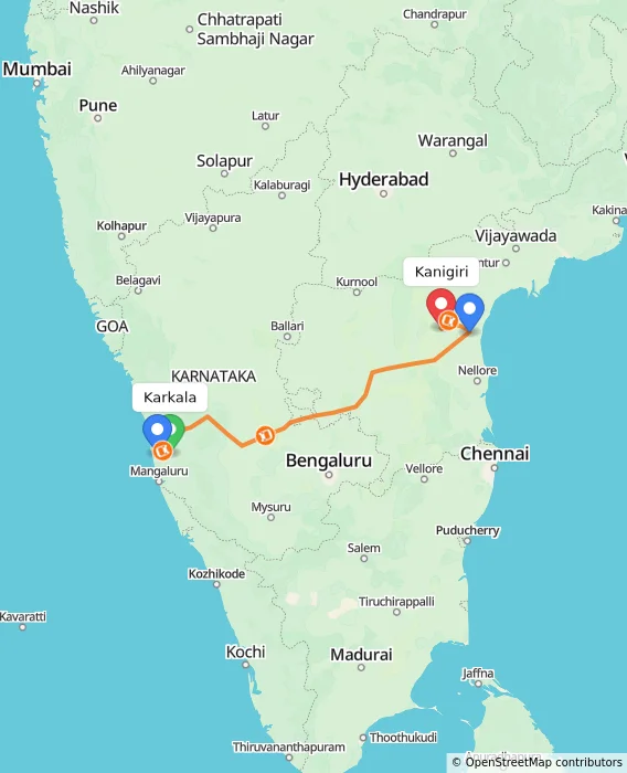 Route map showing distance and travel time from Karkala, India to Kanigiri, India