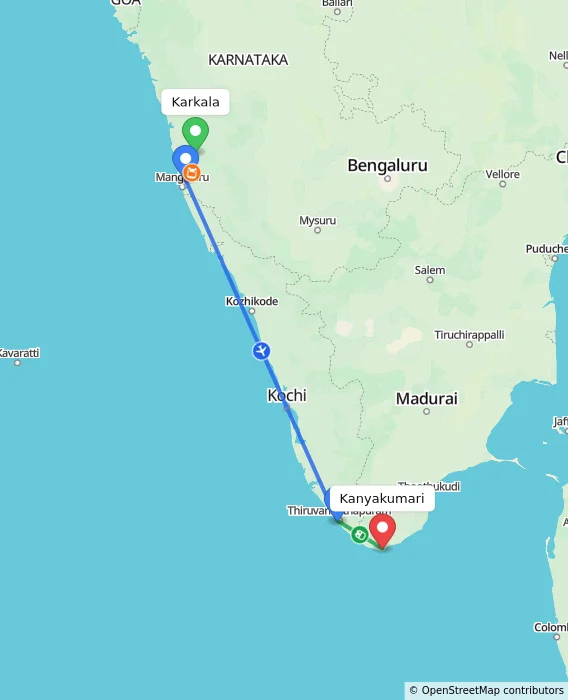 Route map showing distance and travel time from Karkala, India to Kanyakumari, India