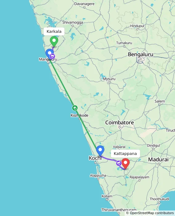 Route map showing distance and travel time from Karkala, India to Kattappana, India