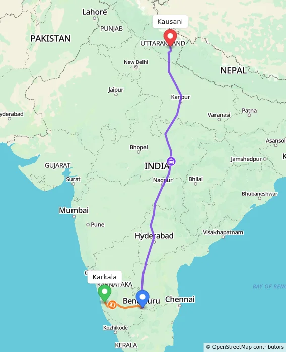 Route map showing distance and travel time from Karkala, India to Kausani, India