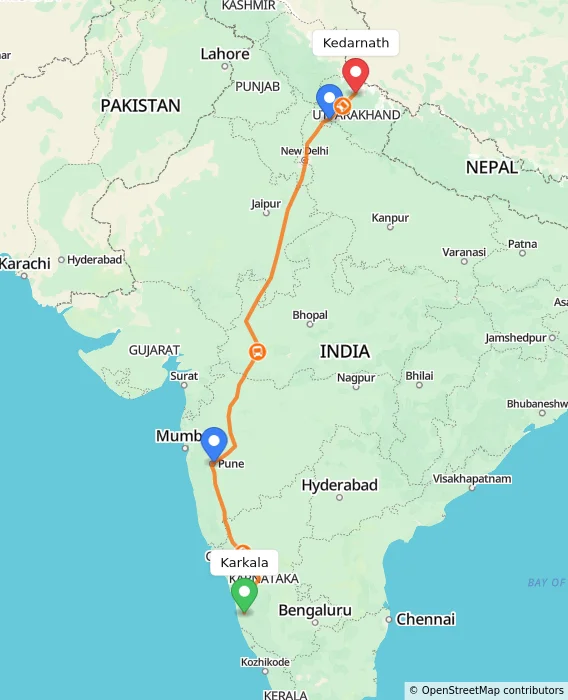 Route map showing distance and travel time from Karkala, India to Kedarnath, India