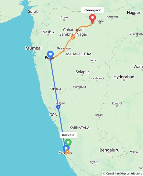 Route map showing distance and travel time from Karkala, India to Khamgaon, India