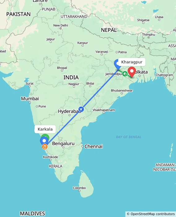 Route map showing distance and travel time from Karkala, India to Kharagpur, India