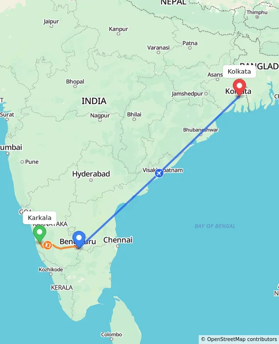 Route map showing distance and travel time from Karkala, India to Kolkata, India