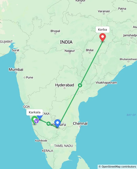 Route map showing distance and travel time from Karkala, India to Korba, India