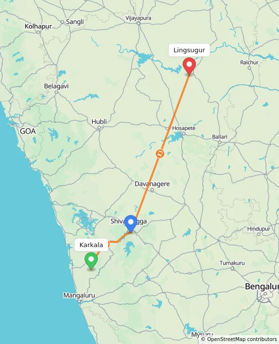 Route map showing distance and travel time from Karkala, India to Lingsugur, India