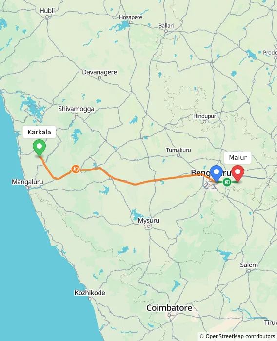 Route map showing distance and travel time from Karkala, India to Malur, India