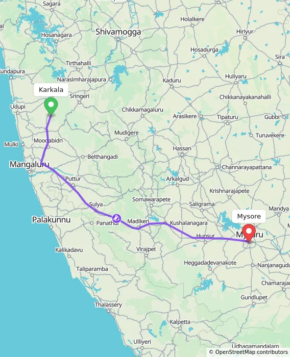Route map showing distance and travel time from Karkala, India to Mysore, India