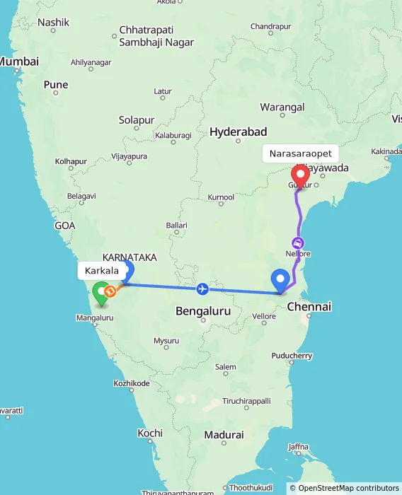 Route map showing distance and travel time from Karkala, India to Narasaraopet, India