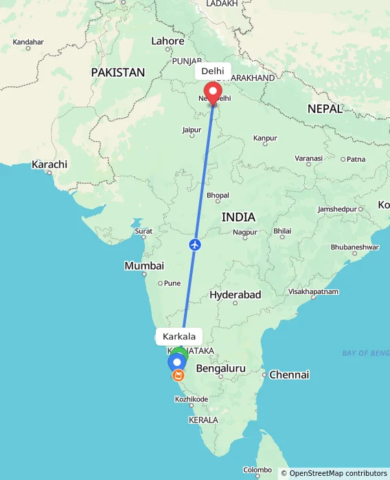 Route map showing distance and travel time from Karkala, India to Delhi, India
