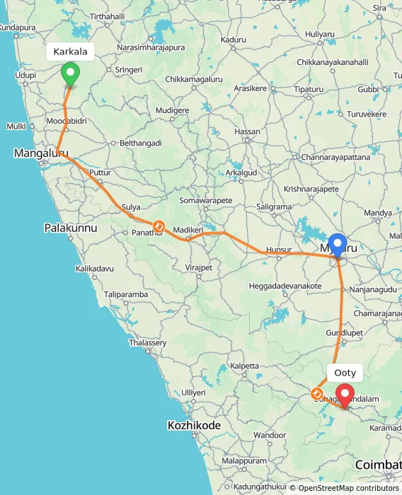 Route map showing distance and travel time from Karkala, India to Ooty, India