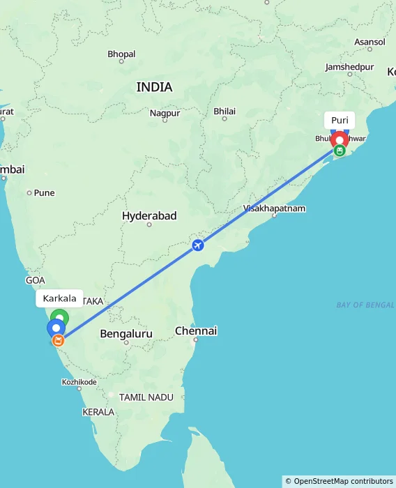 Route map showing distance and travel time from Karkala, India to Puri, India
