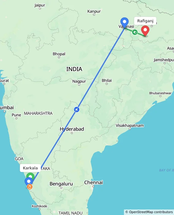 Route map showing distance and travel time from Karkala, India to Rafiganj, India