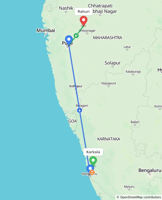 Route map showing distance and travel time from Karkala, India to Rahuri, India