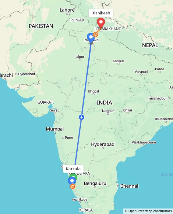 Route map showing distance and travel time from Karkala, India to Rishikesh, India