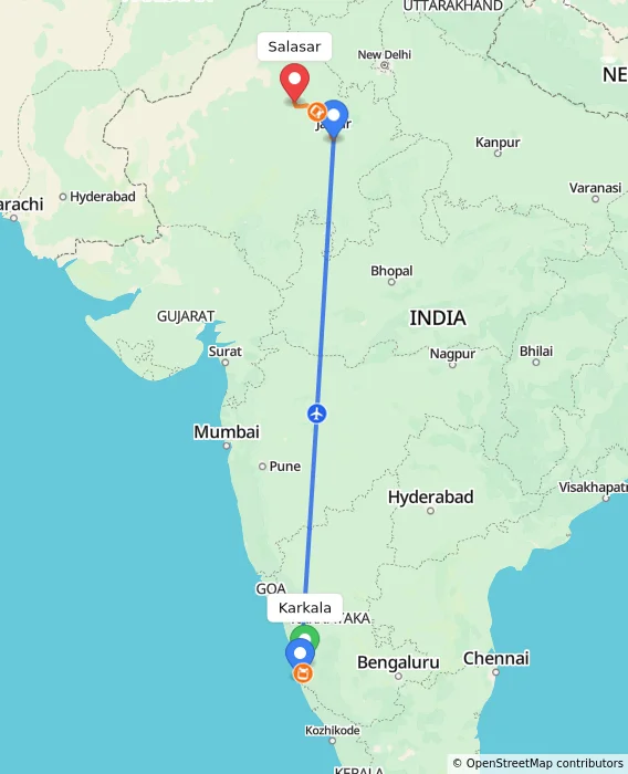 Route map showing distance and travel time from Karkala, India to Salasar, India