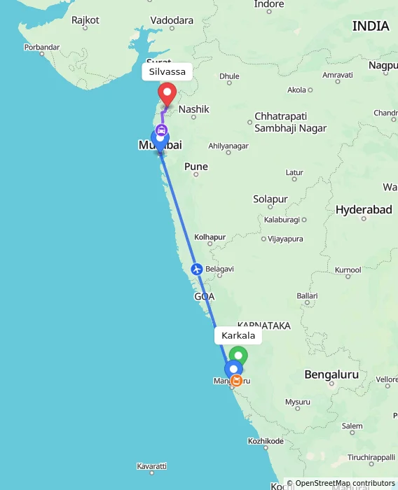 Route map showing distance and travel time from Karkala, India to Silvassa, India