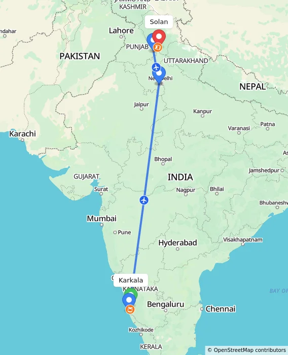 Route map showing distance and travel time from Karkala, India to Solan, India