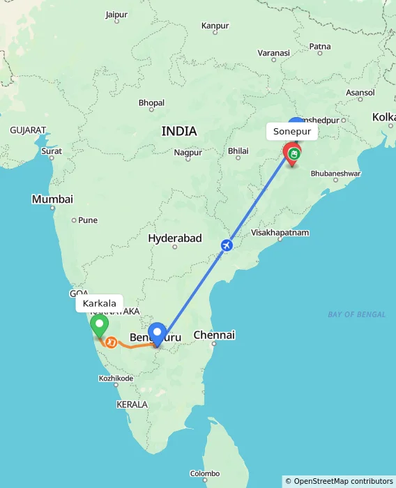 Route map showing distance and travel time from Karkala, India to Sonepur, India