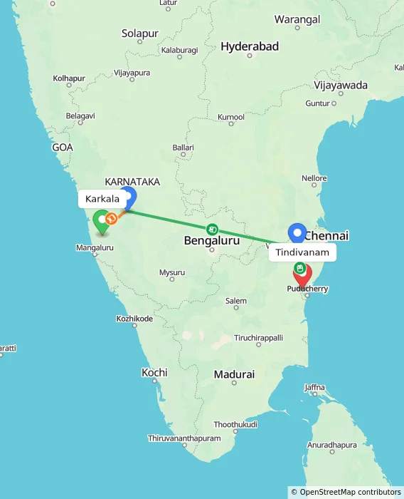 Route map showing distance and travel time from Karkala, India to Tindivanam, India