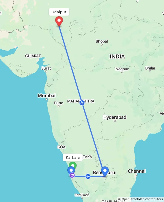 Route map showing distance and travel time from Karkala, India to Udaipur, India