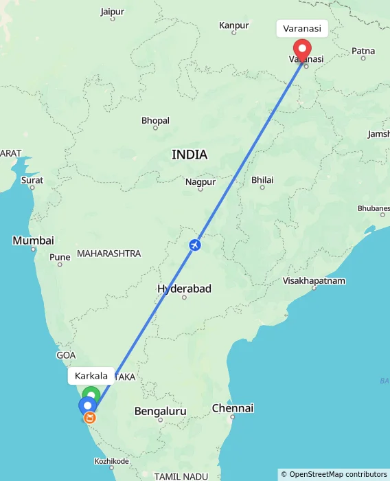 Route map showing distance and travel time from Karkala, India to Varanasi, India